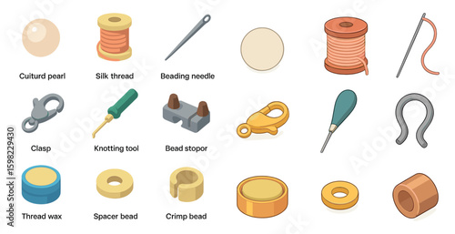 Sewing and beading icons set – flat, craft, needlework tools collection