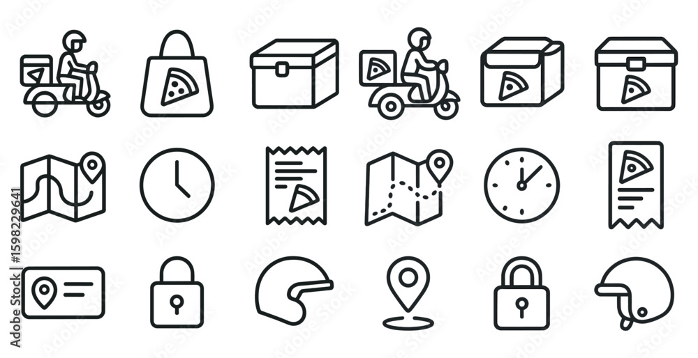 Fototapeta premium Food delivery line icons set – outline, maps, transportation and location symbols