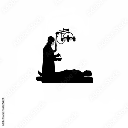 Surgeon performing brain surgery silhouette on white background