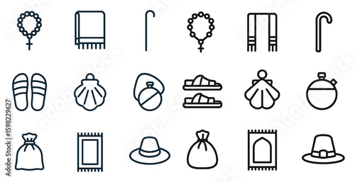 Religious and pilgrimage outline icons set – faith, spiritual, journey symbols
