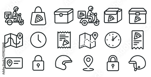 Food delivery line icons set – outline, maps, transportation and location symbols