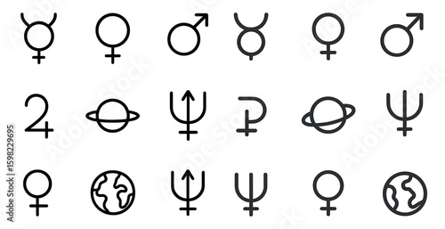 Astronomy and zodiac icons set – linear, outline, celestial and astrology symbols