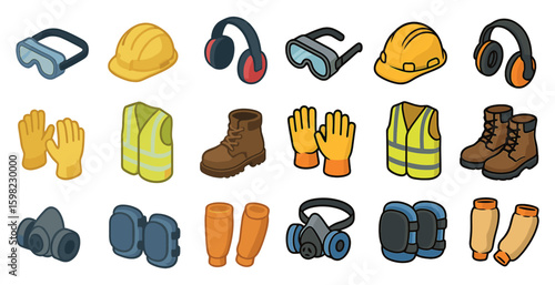 Safety equipment icons set – isometric, industrial protection and security symbols