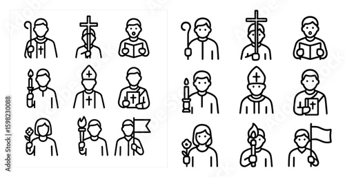 Religious line icons set – outline, clergy, faith, church symbols and emblems