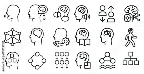 Mental health outline icons set – brain, psychology, cognitive therapy symbols