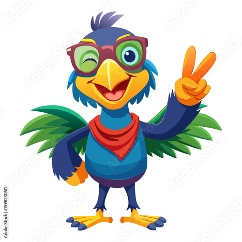 Vibrant 3D render Smiling full body character of Vulture with sunglasses making a peace sign