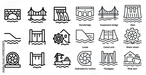 Hydroelectric and river structures line icons set – dam, bridge, water energy symbols