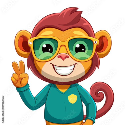 Vibrant 3D render Smiling Monkey with sunglasses making a peace sign