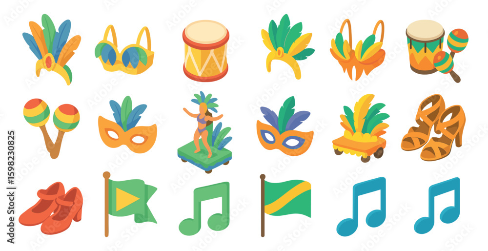 Obraz premium Carnival and festival isometric icons set – vibrant, celebration, party symbols