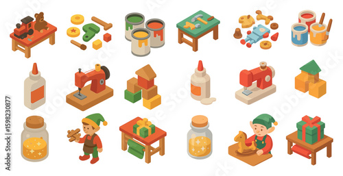 Arts and crafts isometric icons set – diy, hobby, creative tools collection