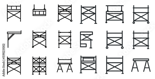 Construction equipment icons set – outline, linear, building and scaffolding symbols