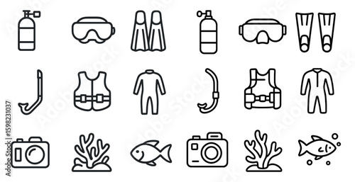 Diving and snorkeling outline icons set – linear, aquatic, underwater symbols