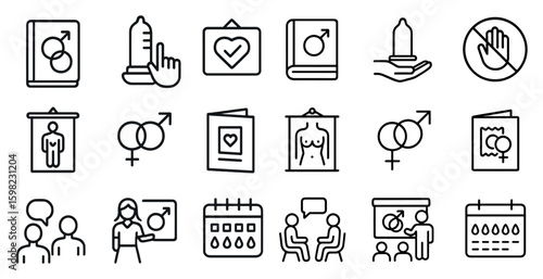 Sex education outline icons set – classroom, sexual health, learning graphics
