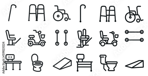 Accessibility and mobility outline icons set – line, assistive, support symbols