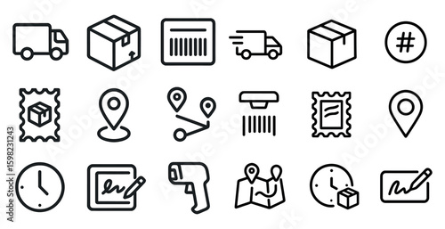 Logistics and delivery outline icons set – shipping, tracking, courier symbols