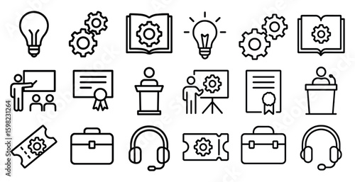 Education and training outline icons set – linear, instructional, learning tools
