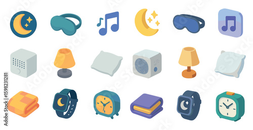 Sleep and relaxation icons set – isometric, restful, bedtime symbols