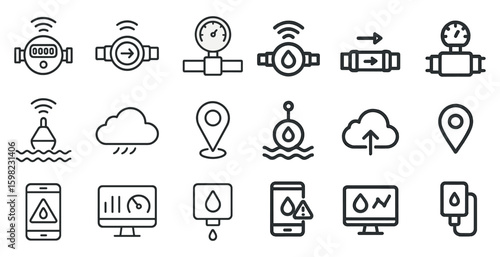 Water and weather outline icons set – linear, symbols, climate monitoring elements