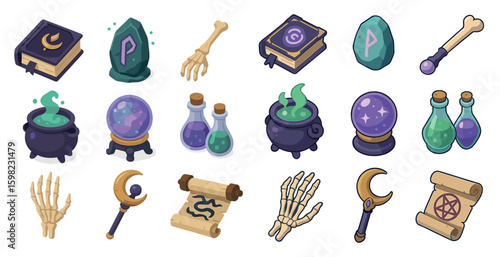 Magic and sorcery icons set – flat, filled, spell and potion symbols collection