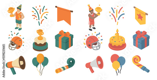 Celebration and party isometric icons set – festive, event, party planning graphics