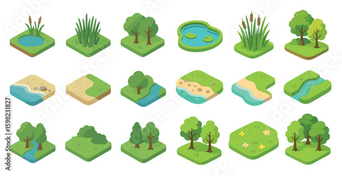 Nature and environment icons set – isometric, landscape, eco-friendly symbols