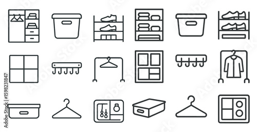 Closet and storage outline icons set – linear, wardrobe, organization symbols