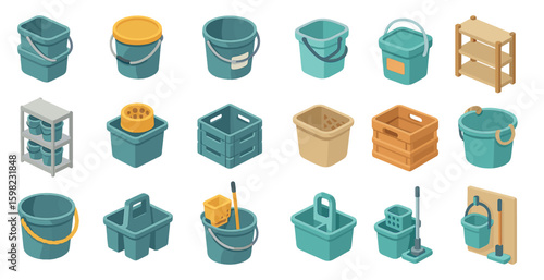 Cleaning tools isometric icons set – buckets, organization, housekeeping symbols