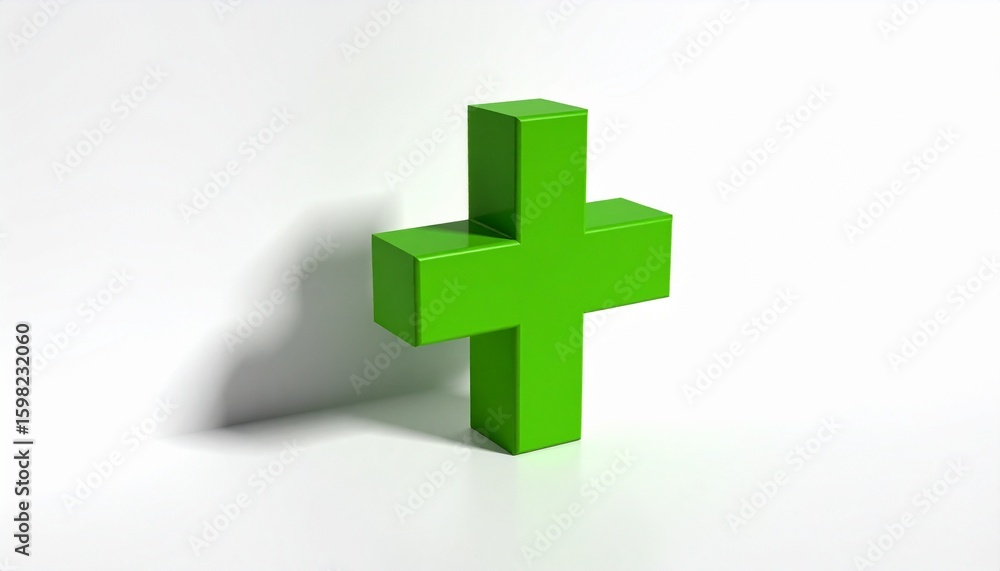 Fototapeta premium A green 3D plus sign symbol representing positivity, growth, and addition, isolated on a clean white background