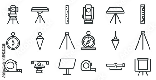 Surveying and measurement icons set – line, outline, compass and leveling tools