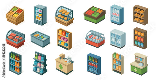 Supermarket and grocery isometric icons set – retail, food, shopping essentials