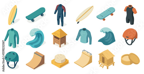 Surf and skate isometric icons set – beach, wave, extreme sports symbols