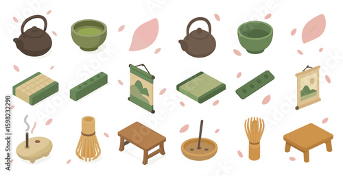 Japanese tea ceremony isometric icons set – flat, culture and tradition symbols