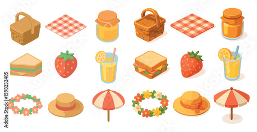 Picnic and outdoor isometric icons set – basket, food, leisure and summer symbols