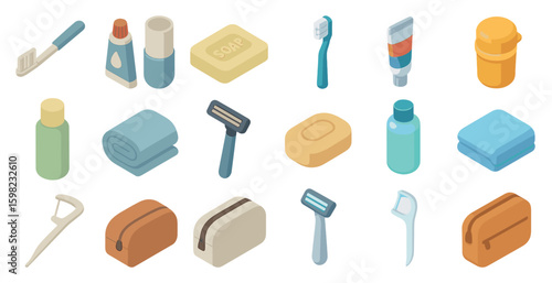 Personal care isometric icons set – 3d, hygiene, grooming essentials