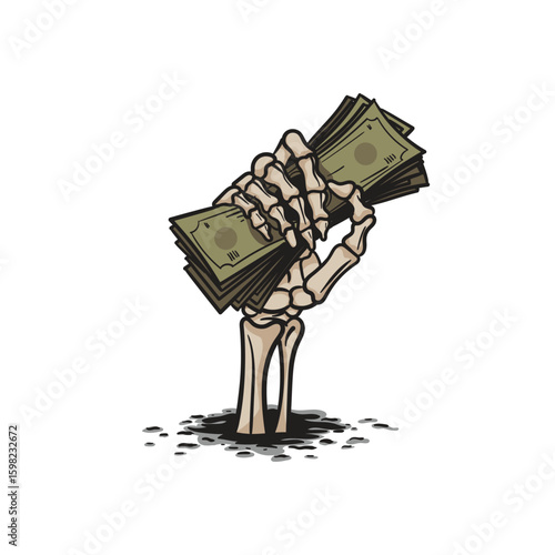 Vector illustration of Skeleton Hand Holding Money, Greed, Corruption, and Death Concept Art.