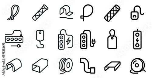 Electrical equipment line icons set – outline, silhouette, power and charging visuals