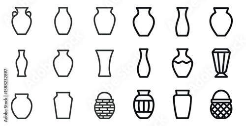 Vases outline icons set – linear, elegant, pottery and ceramic design elements