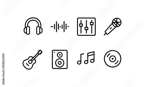 Linear music icon set featuring instruments, headphones, and sound elements