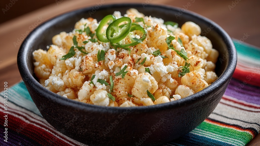 Mexican street corn salad in bowl with jalapenos and cheese garnish. Mexican street corn salad in bowl with jalapenos and cheese garnish.