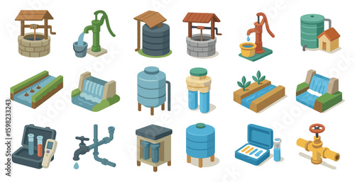 Water and hydration isometric icons set – 3d, fluid, filtration and conservation symbols