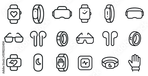 Wearable tech outline icons set – smartwatch, fitness, gadget and health symbols
