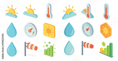 Weather and forecast icons set in isometric style – climate, temperature, meteorology symbols