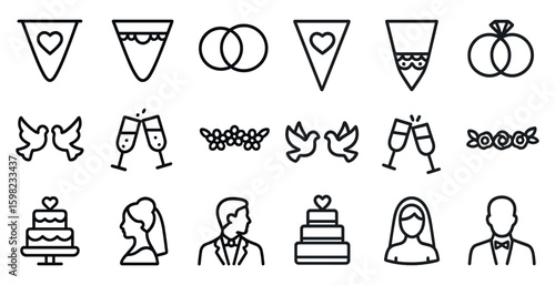 Wedding and romance outline icons set – love, marriage, celebration symbols