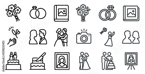 Wedding and romance line icons set – outline, linear, love and celebration graphics