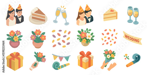 Wedding celebration icons set - flat, outline, engagement and party symbols