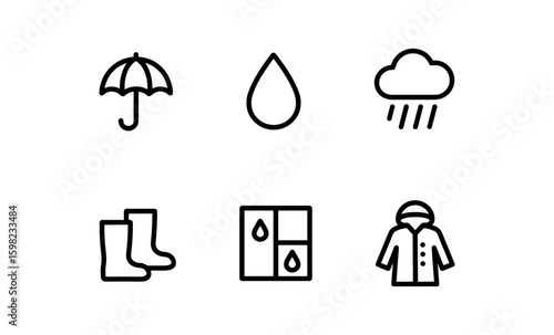 Minimalist weather icons: umbrella, rain, boots, coat, water drops, cloud