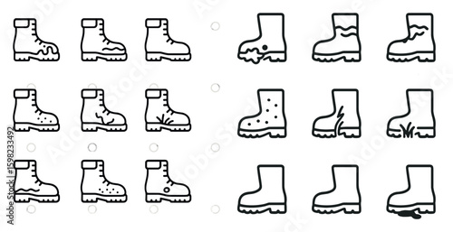 Winter and hiking boots outline icons set – silhouette, footwear, outdoor symbols