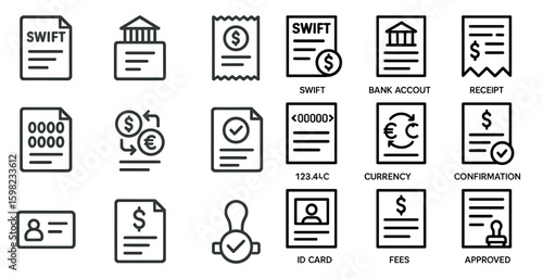 Financial and banking outline icons set – currency, accounts, transaction symbols