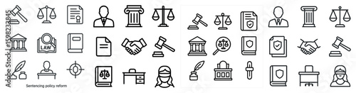 Law and justice outline icons set – legal, judicial, courtroom symbols