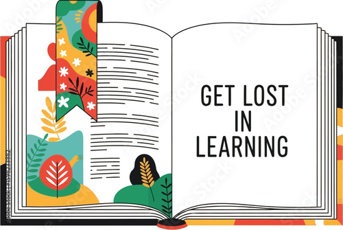 Vector art of an open book with the message get lost in learning encourages a love for reading